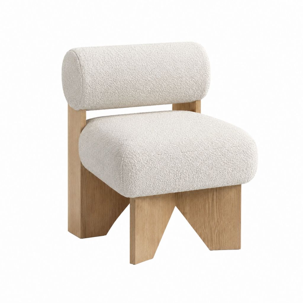 Polstersessel Cremeweiß Bouclé-Polyester Eichenfurnier 60 x 65 x 75 cm