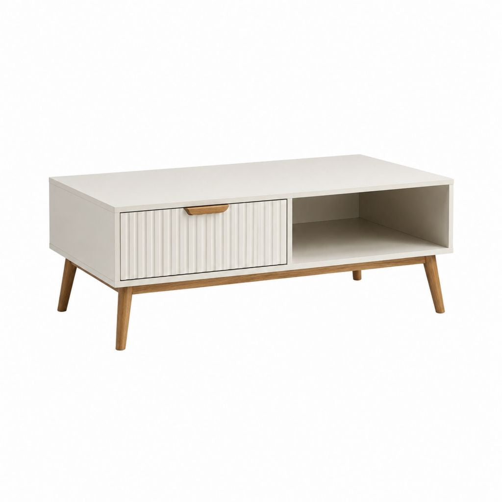 Couchtisch mit Schublade und offenem Fach Weiß MDF Gummibaum-Massivholz Rechteckig 100 x 50 x 45 cm