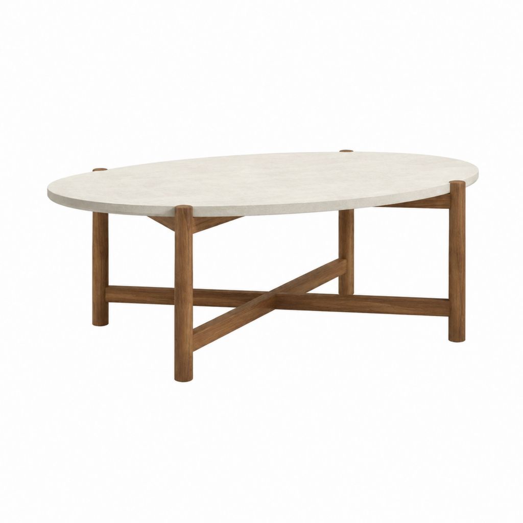 Couchtisch oval Beige mit Tischplatte aus Sinterstein und Gestell aus Walnussholz 120 x 60 x 40 cm