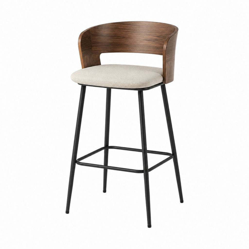 Barhocker mit Rückenlehne in Walnussbraun Beige aus Sperrholz Polyester und Stahl 50 x 52 x 95 cm