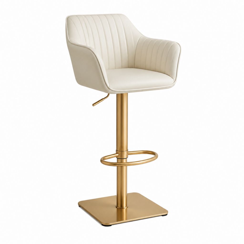 Barhocker Cremeweiß aus PU-Kunstleder mit goldfarbenem Stahlgestell höhenverstellbar drehbar 52 x 54 x 92-112 cm