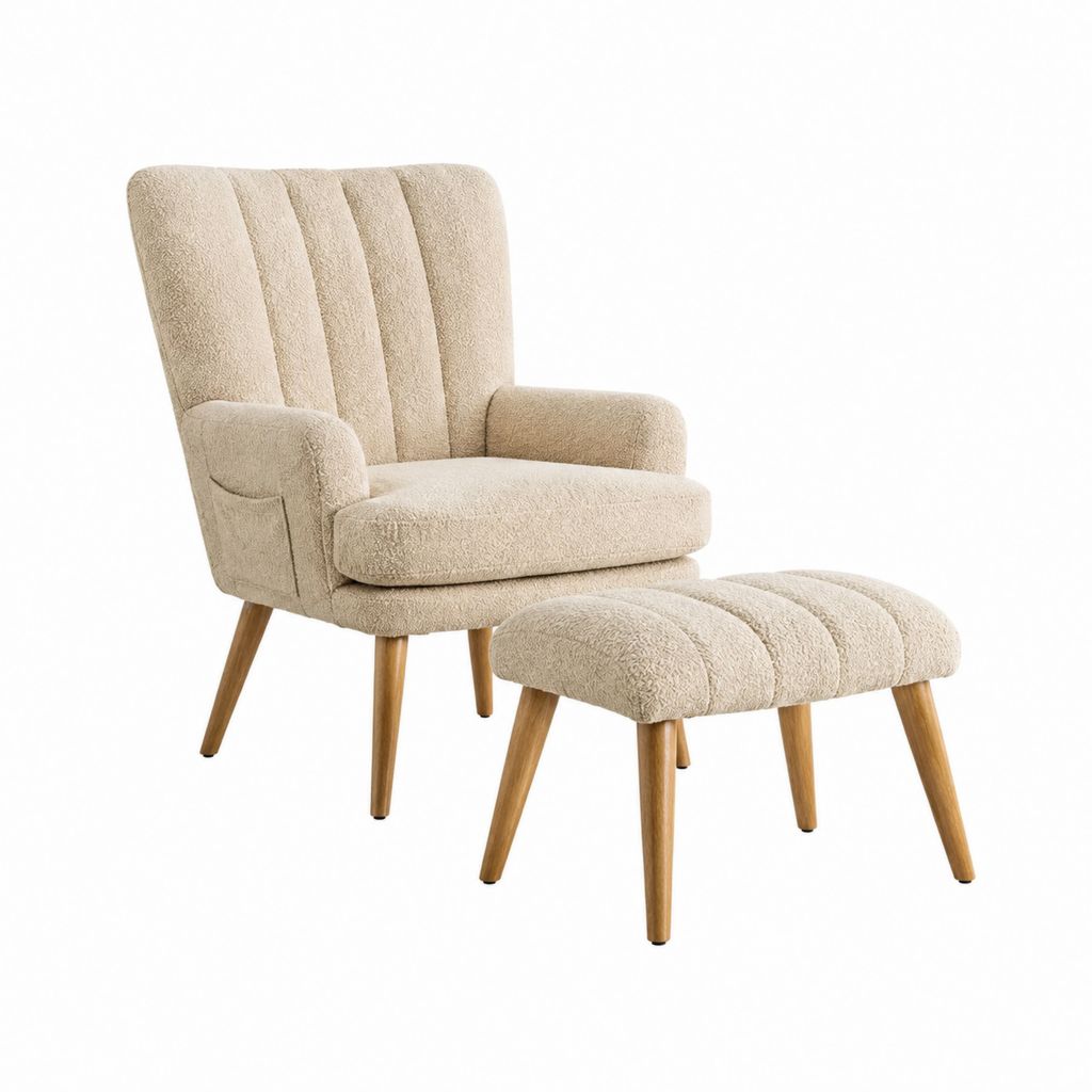Ohrensessel mit Hocker Beige Teddy-Polyester Massivholz 68 x 78 x 101 cm