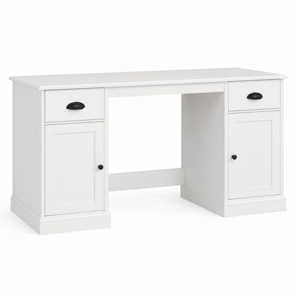 Schreibtisch Weiß aus MDF rechteckig 140 x 60 x 75 cm mit 2 Schubladen und 2 Türen