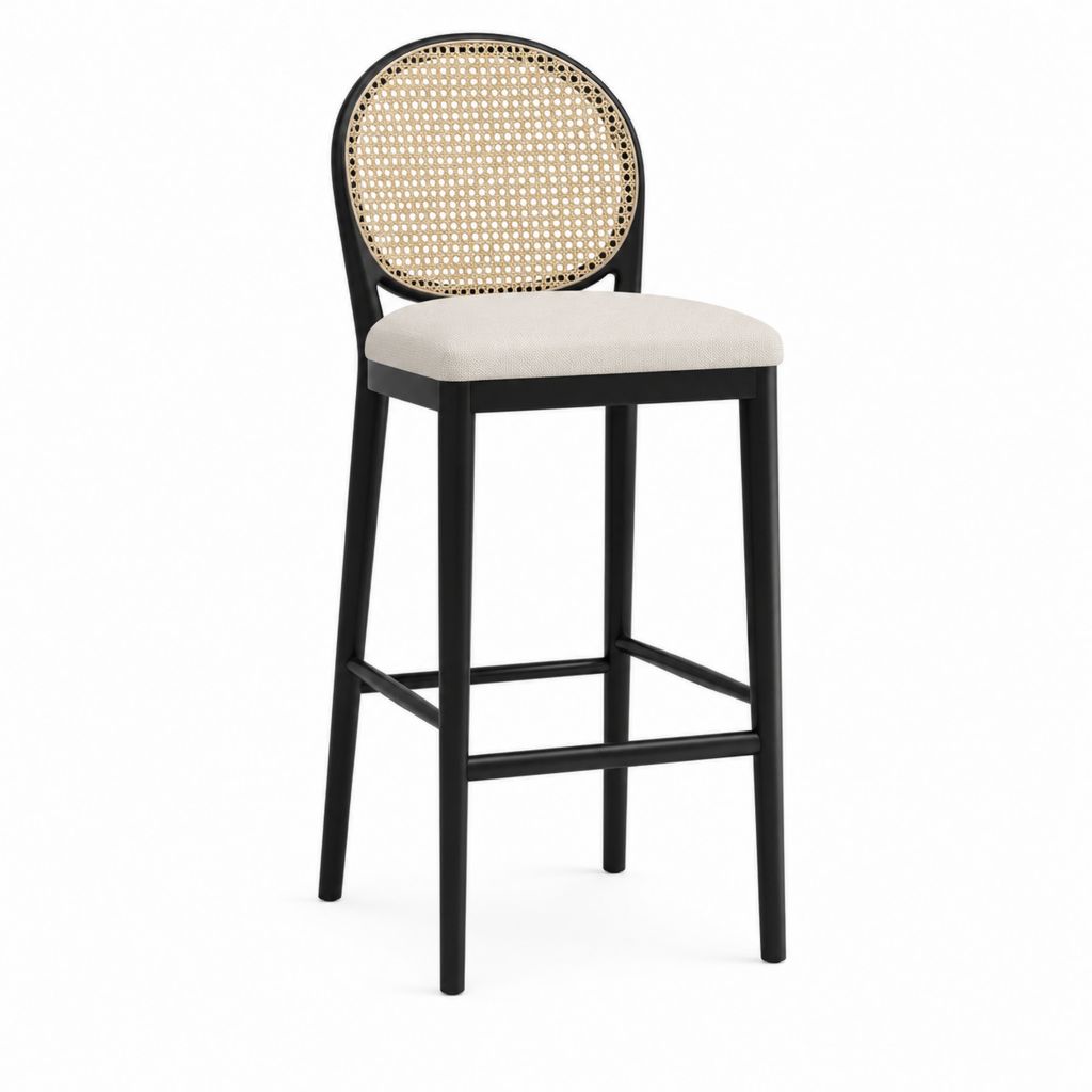 Barhocker Schwarz aus massivem Buchenholz mit Rattan Rückenlehne und beigem Polyester Sitz 45 x 51 x 104 cm