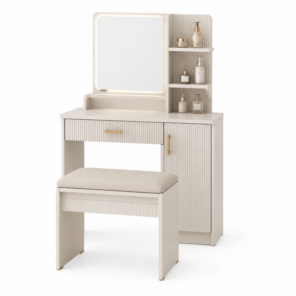 Schminktisch Set Cremeweiß aus MDF mit Spiegel LED-Beleuchtung Stauraum und Hocker 80 x 40 x 145 cm